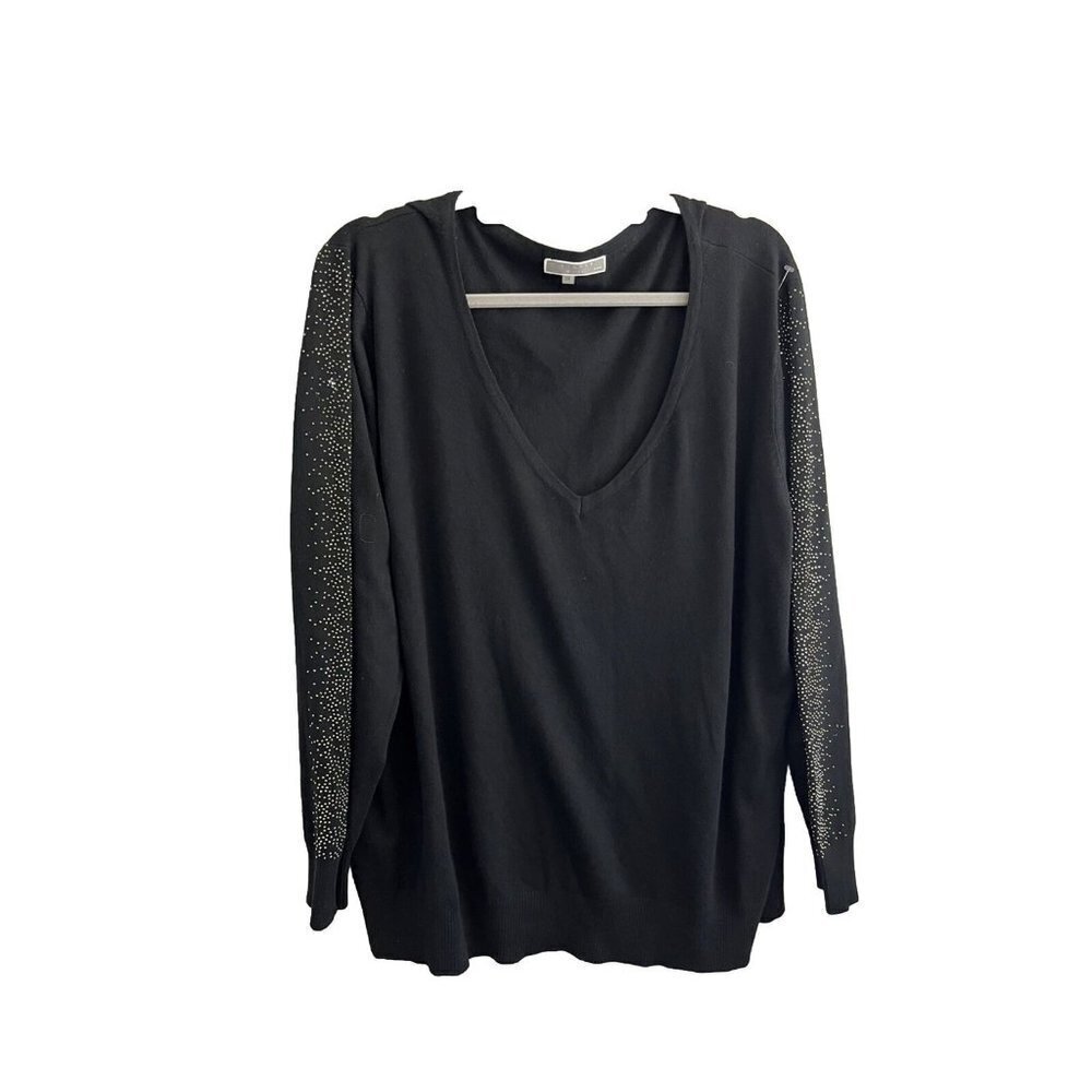 Liquid By Sioni Sweater Women 3X Black Rhinestones On Sleeve V Neck